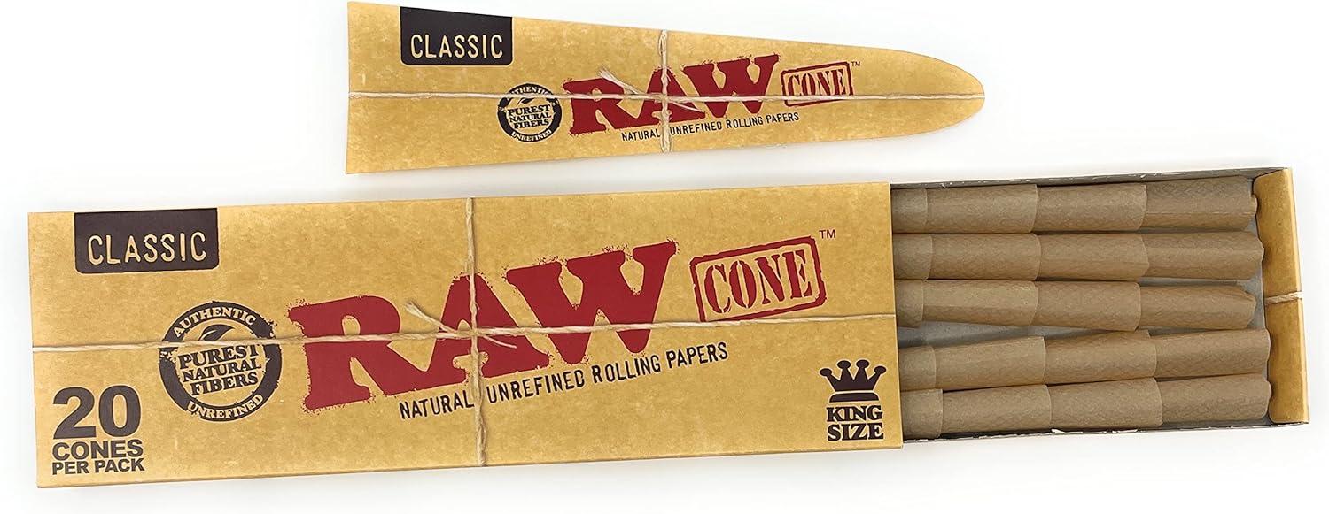 RAW Cones Classic King Size - 20 Pack - Pre Rolled RAWthentic Cones Rolling Papers with Tips, All Natural, Green Blazer Sticker - Image 1