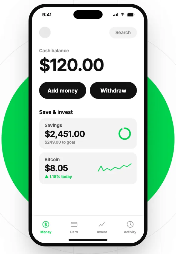 Pantalla Money de Cash App con el mosaico de Bitcoin