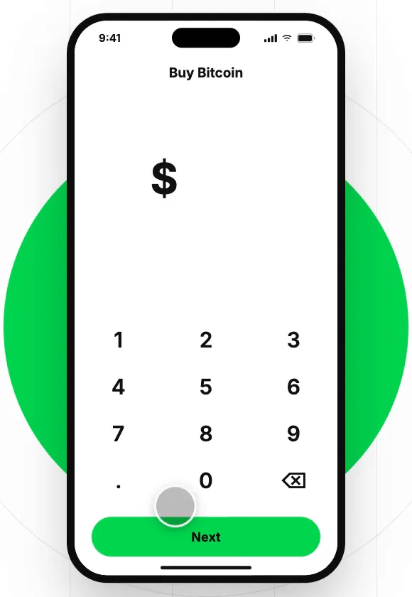 Pantalla Buy Bitcoin de Cash App con el teclado numérico y el campo de monto