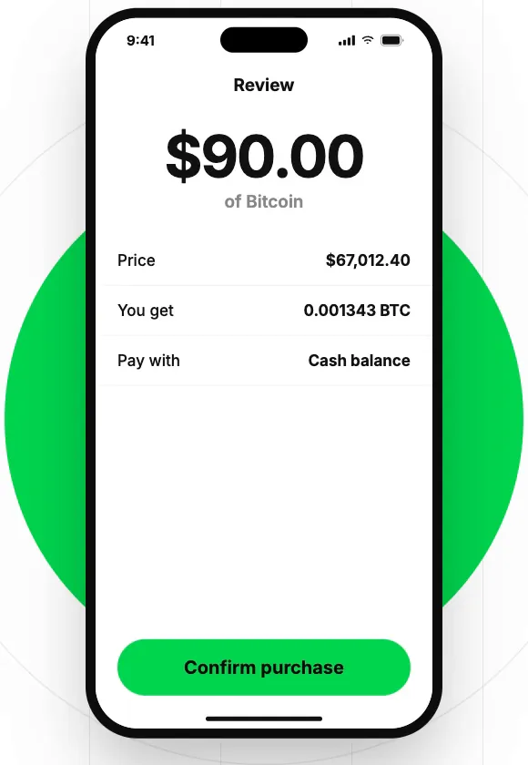 Pantalla de revisión de Cash App: $90.00 en Bitcoin y el botón Confirm purchase