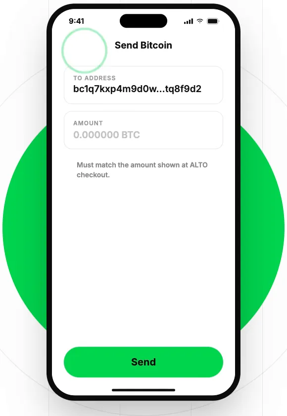 Pantalla Send Bitcoin de Cash App con la dirección de ALTO pegada en To address