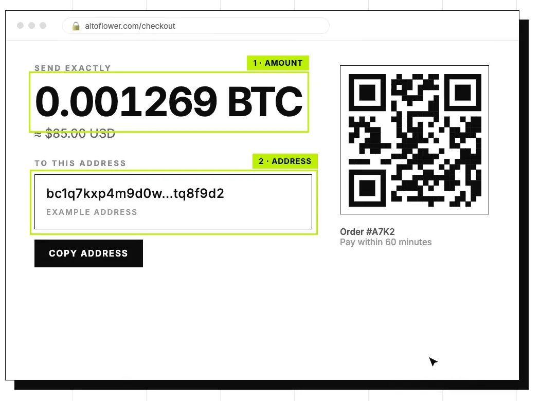 Pantalla de pago de ALTO con el monto exacto a enviar, 0.001269 BTC, la dirección de la billetera y un código QR (valores de ejemplo)