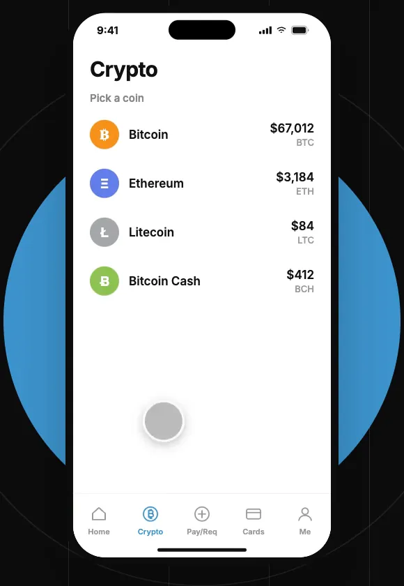 Pantalla Crypto de Venmo con la lista de monedas, Bitcoin arriba