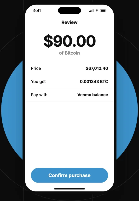 Pantalla de revisión de Venmo: $90.00 en Bitcoin y el botón Confirm purchase