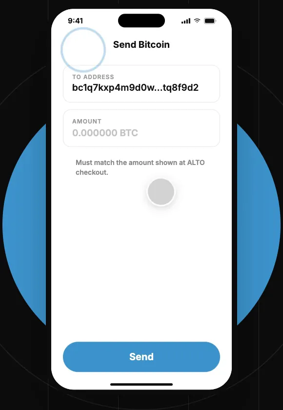 Pantalla Send Bitcoin de Venmo con la dirección de ALTO pegada en To address