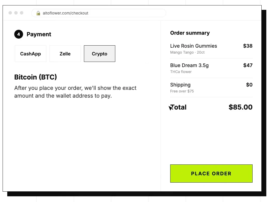 Pago en ALTO, paso Payment: la opción Crypto está seleccionada y muestra Bitcoin (BTC)